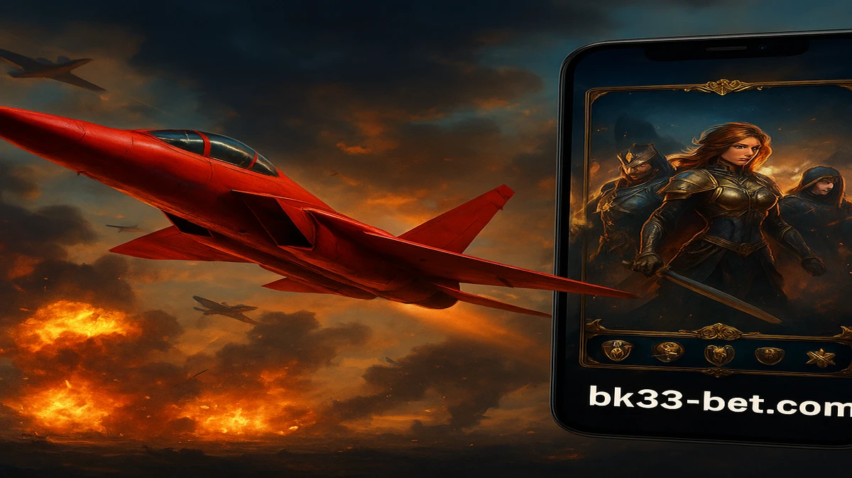BK33-এ Aviator গেমটির একটি প্রোমোশনাল ছবি, যেখানে লাল রঙের একটি প্রপেলার বিমান বিস্ফোরণ-ঘন ভূদৃশ্যের ওপর উড়ছে, ডানদিকে মোবাইল গেম ইন্টারফেসটি দেখা যাচ্ছে।