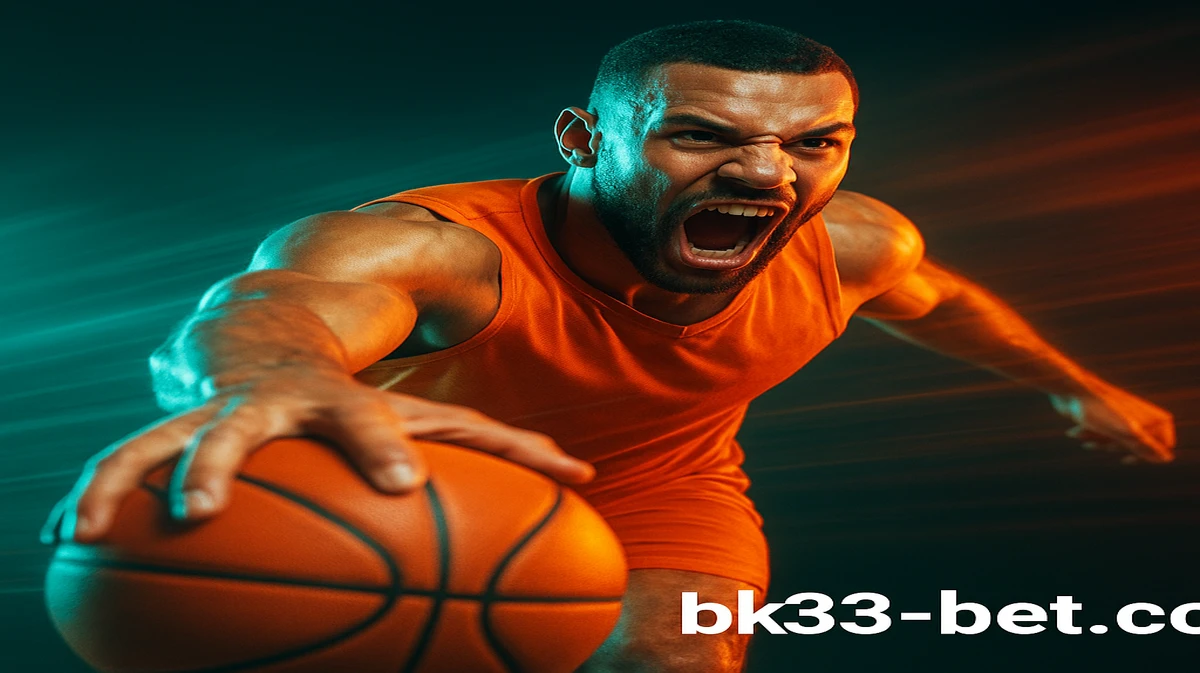 BK33 প্ল্যাটফর্মে খেলার-গেমিং প্রচারের জন্য একটি গতিময় চিত্রে একজন ব্যাস্কেটবল খেলোয়াড় শক্তির সঙ্গে ড্রিবল করছে, যার চারপাশ জ্বলন্ত কণার প্রভাব দ্বারা ঘেরা।