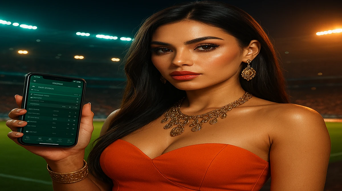 ভিড়ঘেরা স্টেডিয়াম থেকে এক সুন্দরী নারী তাকিয়ে আছেন, হাতে একটি স্মার্টফোন যার BK33 খেলাধুলা-গেমিং অ্যাপটি খোলা, গেমে যোগ দিতে প্রস্তুত।