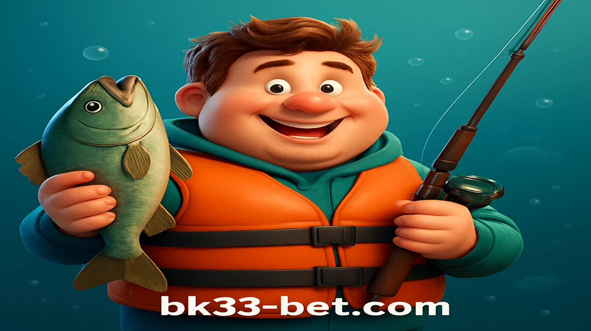 BK33-এ উপলব্ধ Big Bass গেমটির কার্টুন চরিত্র পানির নিচে গর্বের সাথে একটি মাছ ও একটি মাছ ধরার লাঠি ধরে রয়েছে।
