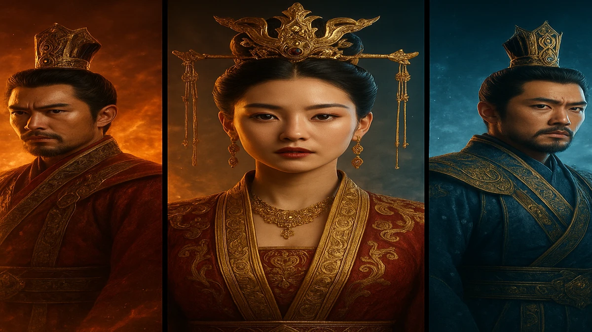 BK33-র এশীয়-থিমা আর্কেড গেমগুলোর একটি কোলাজ, সুন্দর ঐশ্বর্যবতী সম্রাজ্ঞীদের ঐতিহ্যবাহী পোশাকে, প্রাচীন মন্দির ও জ্বলন্ত আগুনের পটভূমিতে।